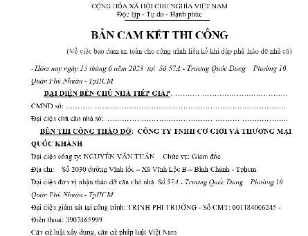 Download Bản cam kết thi công khi phá dỡ nhà cũ